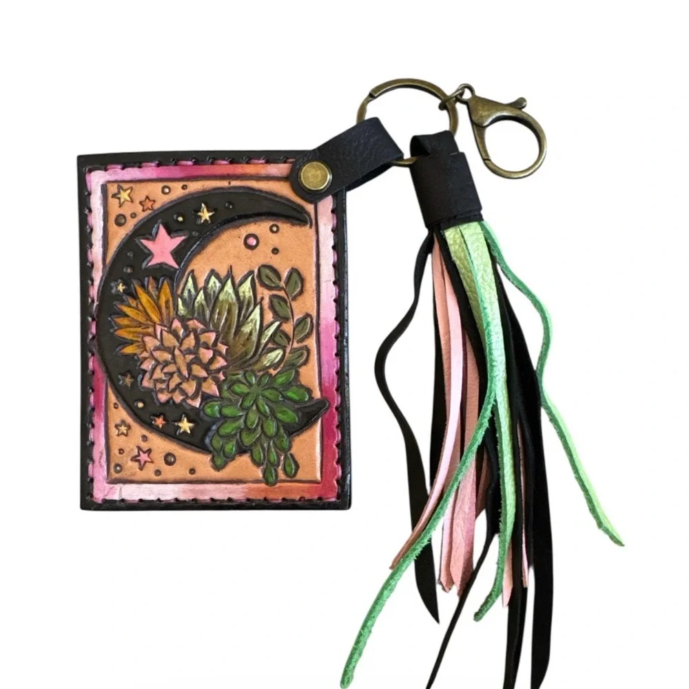Artisan Handmade Western Southwest Leather Card Holder Moon Cowgirl Wallet